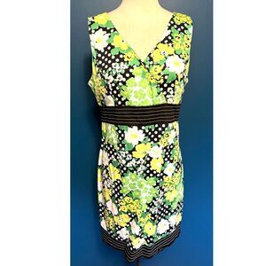 Vintage dBy Ltd Dress Womens Med Green Yellow Graphic Empire Waist